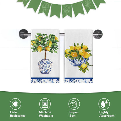 Italy Capri Lemon Tree Kitchen Dish Towels Set of 2, Amalfi Coast Citrus Blue White Porcelain Drying Hand Towel Baking Cooking Cloth, Summer Mediterranean Bathroom Home Decoration 18'' x 26''