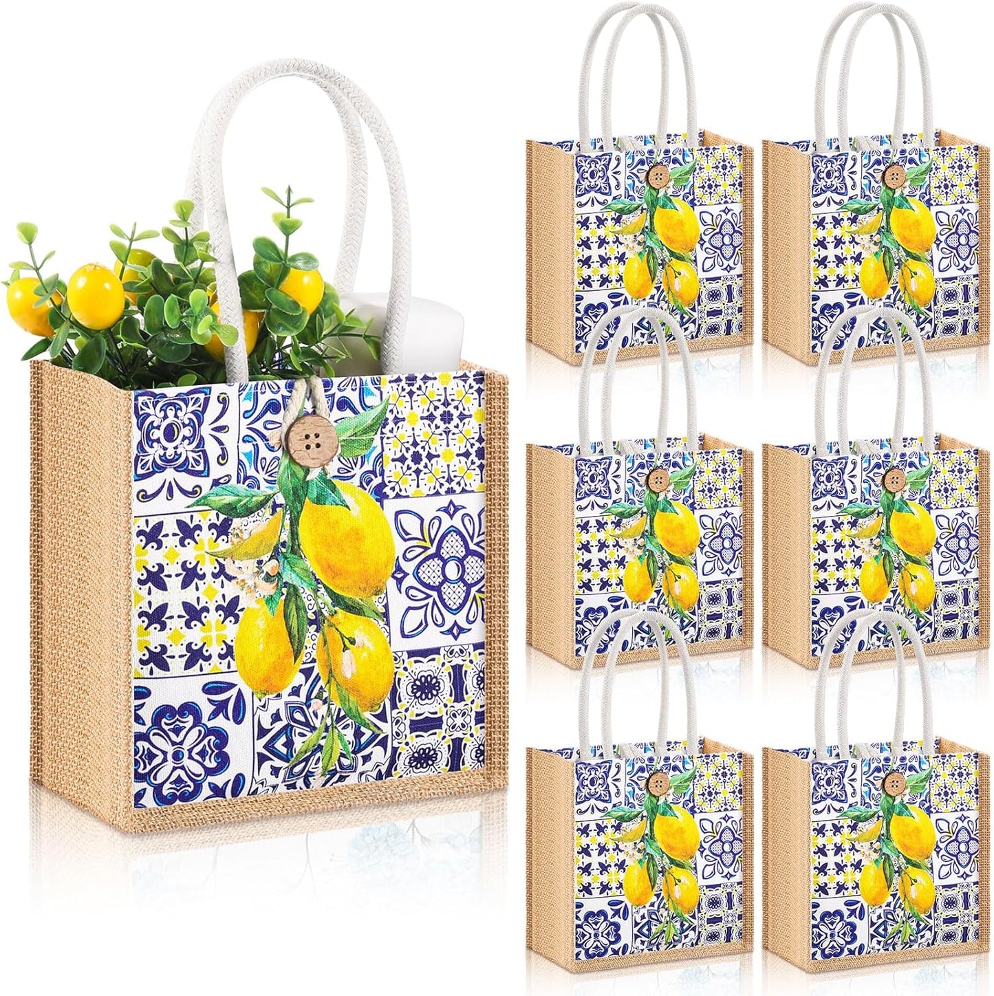 6 Pcs Floral Gift Bag Mini Reusable Flower Cielito Lindo Burlap Goodie Tote with Handle Button for Wedding Bridal Baby Shower Talavera Spring Party Favor (Blue White Porcelain Lemon)