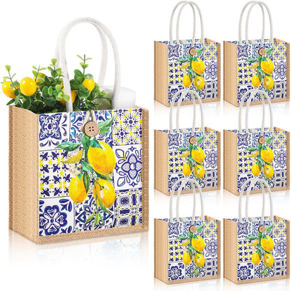 6 Pcs Floral Gift Bag Mini Reusable Flower Cielito Lindo Burlap Goodie Tote with Handle Button for Wedding Bridal Baby Shower Talavera Spring Party Favor (Blue White Porcelain Lemon)