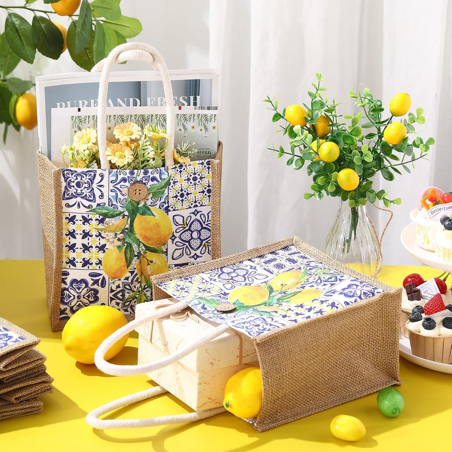 6 Pcs Floral Gift Bag Mini Reusable Flower Cielito Lindo Burlap Goodie Tote with Handle Button for Wedding Bridal Baby Shower Talavera Spring Party Favor (Blue White Porcelain Lemon)