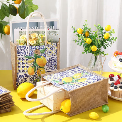 6 Pcs Floral Gift Bag Mini Reusable Flower Cielito Lindo Burlap Goodie Tote with Handle Button for Wedding Bridal Baby Shower Talavera Spring Party Favor (Blue White Porcelain Lemon)
