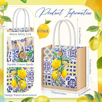6 Pcs Floral Gift Bag Mini Reusable Flower Cielito Lindo Burlap Goodie Tote with Handle Button for Wedding Bridal Baby Shower Talavera Spring Party Favor (Blue White Porcelain Lemon)