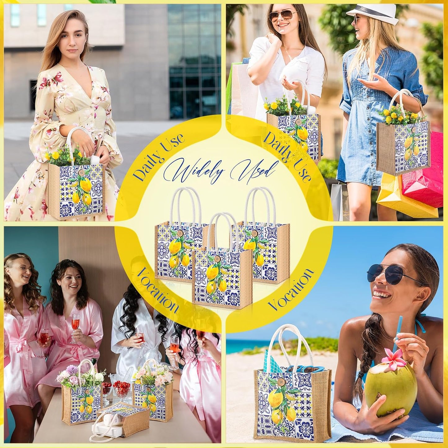 6 Pcs Floral Gift Bag Mini Reusable Flower Cielito Lindo Burlap Goodie Tote with Handle Button for Wedding Bridal Baby Shower Talavera Spring Party Favor (Blue White Porcelain Lemon)