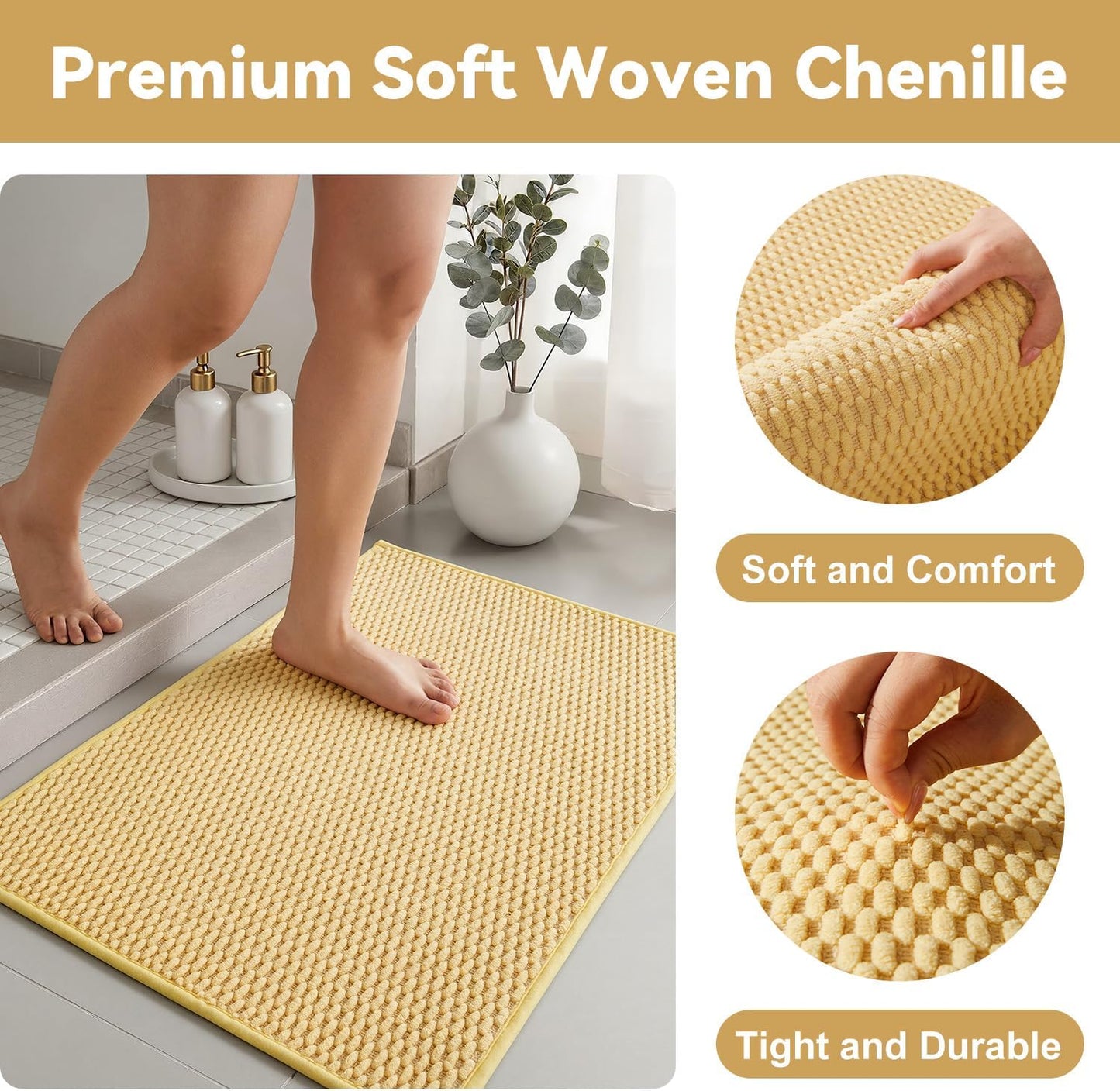Bathroom Rugs Non Slip Washable, Super Absorbent Thin Bath Mat Quick Dry Low Pile Bathroom Rug, Yellow 24"x47"