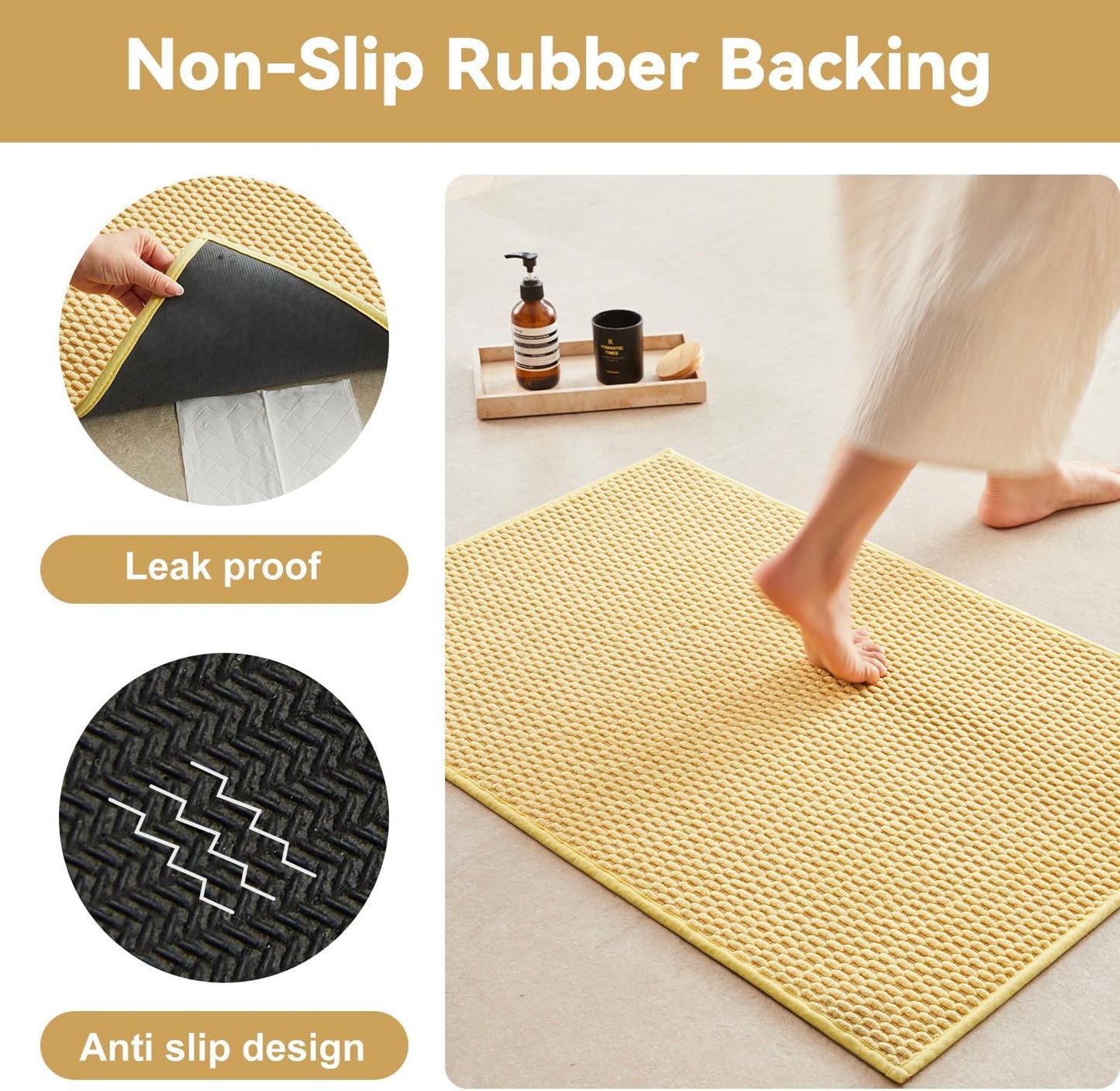 Bathroom Rugs Non Slip Washable, Super Absorbent Thin Bath Mat Quick Dry Low Pile Bathroom Rug, Yellow 24"x47"