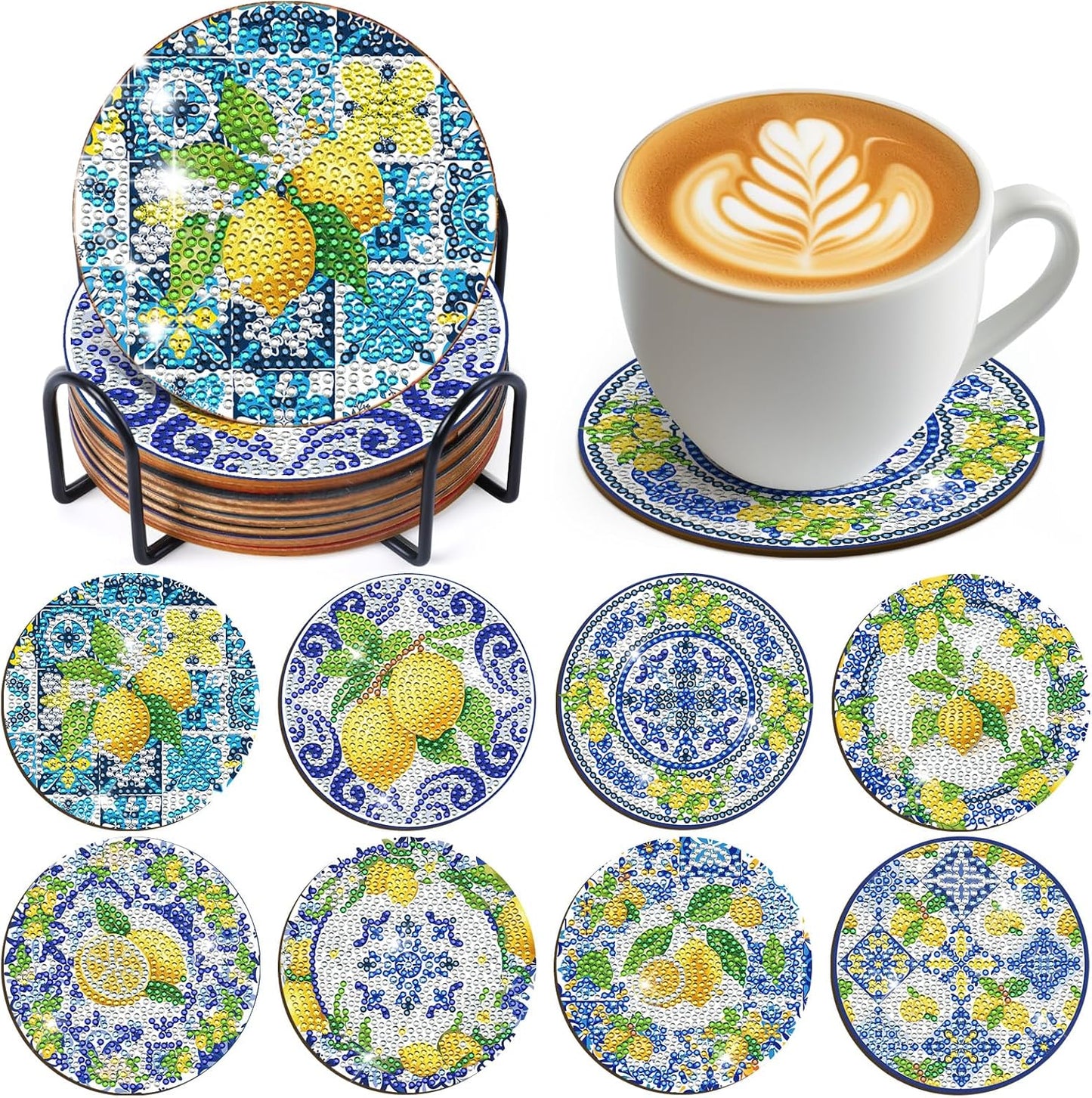 Lemon Diamond Art Coasters - 8 Pcs Diamond Painting Coasters Kit, Amalfi Coast Italy Souvenirs Rhinestone Gem Art Craft Kit for Adult Women