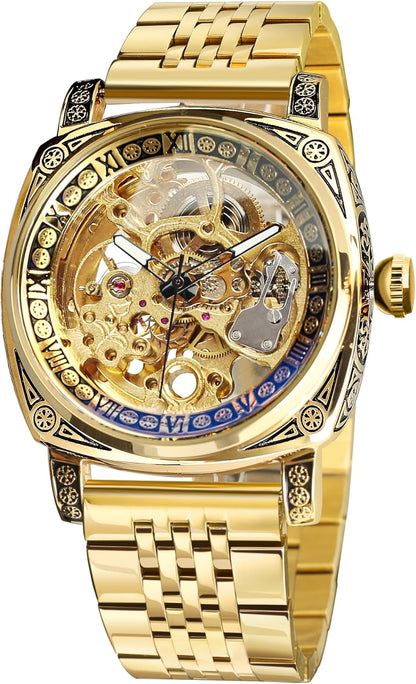Watches for Man, Square Retro Mechanical Watch Self-Wind Carved, Skeleton Automatic Watches Vintage Leather Strap Wristwatch