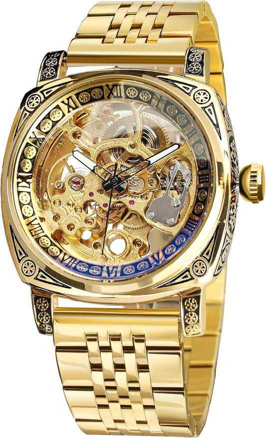 Watches for Man, Square Retro Mechanical Watch Self-Wind Carved, Skeleton Automatic Watches Vintage Leather Strap Wristwatch