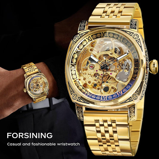 Watches for Man, Square Retro Mechanical Watch Self-Wind Carved, Skeleton Automatic Watches Vintage Leather Strap Wristwatch