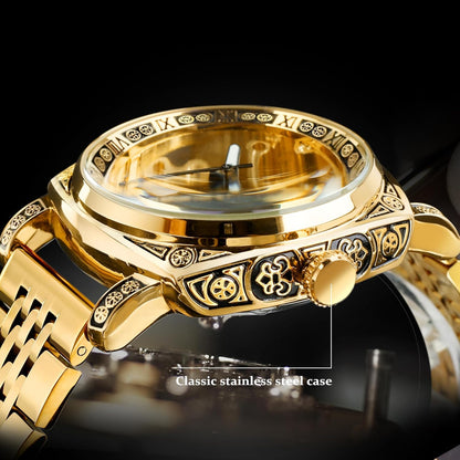 Watches for Man, Square Retro Mechanical Watch Self-Wind Carved, Skeleton Automatic Watches Vintage Leather Strap Wristwatch
