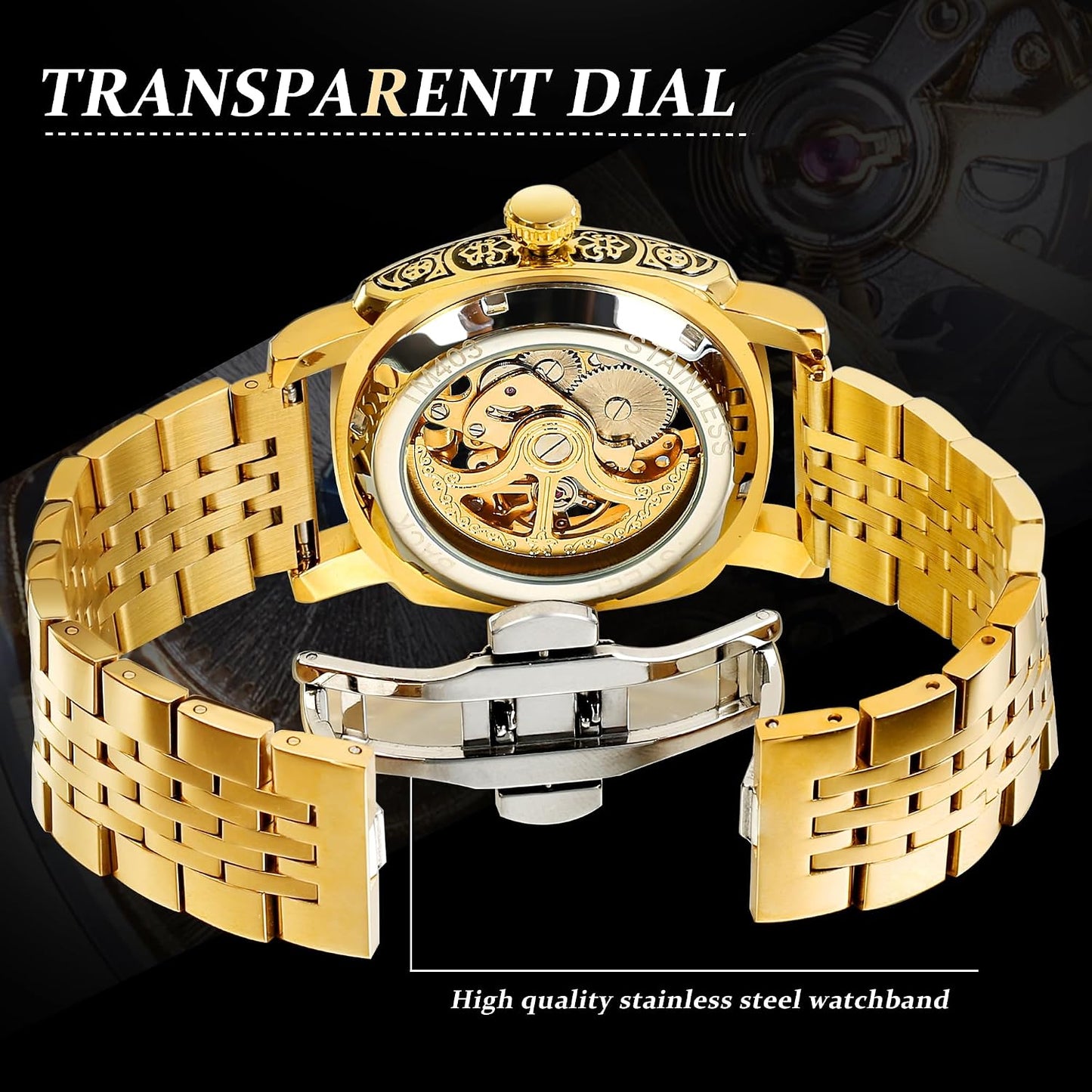 Watches for Man, Square Retro Mechanical Watch Self-Wind Carved, Skeleton Automatic Watches Vintage Leather Strap Wristwatch