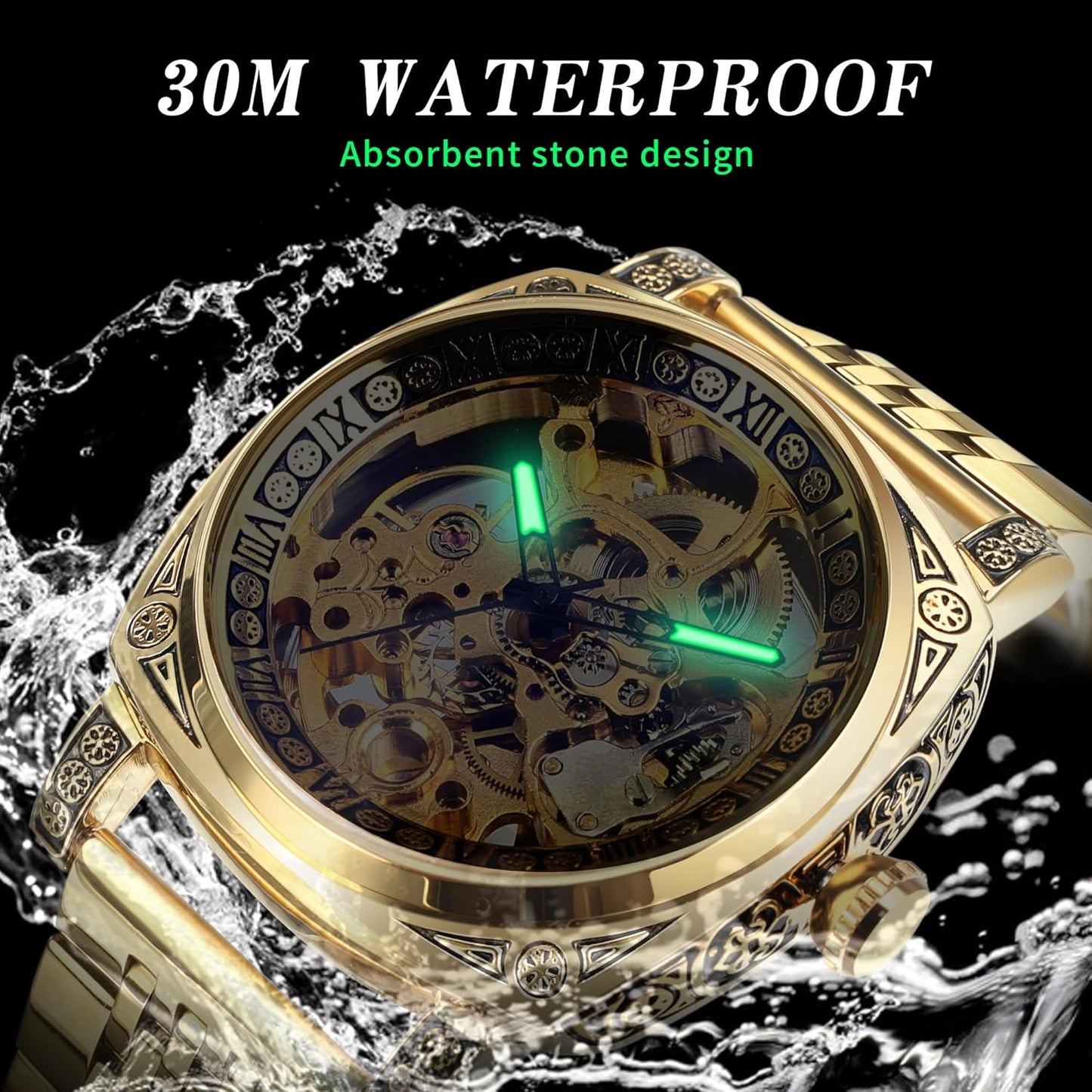 Watches for Man, Square Retro Mechanical Watch Self-Wind Carved, Skeleton Automatic Watches Vintage Leather Strap Wristwatch