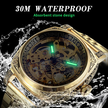 Watches for Man, Square Retro Mechanical Watch Self-Wind Carved, Skeleton Automatic Watches Vintage Leather Strap Wristwatch