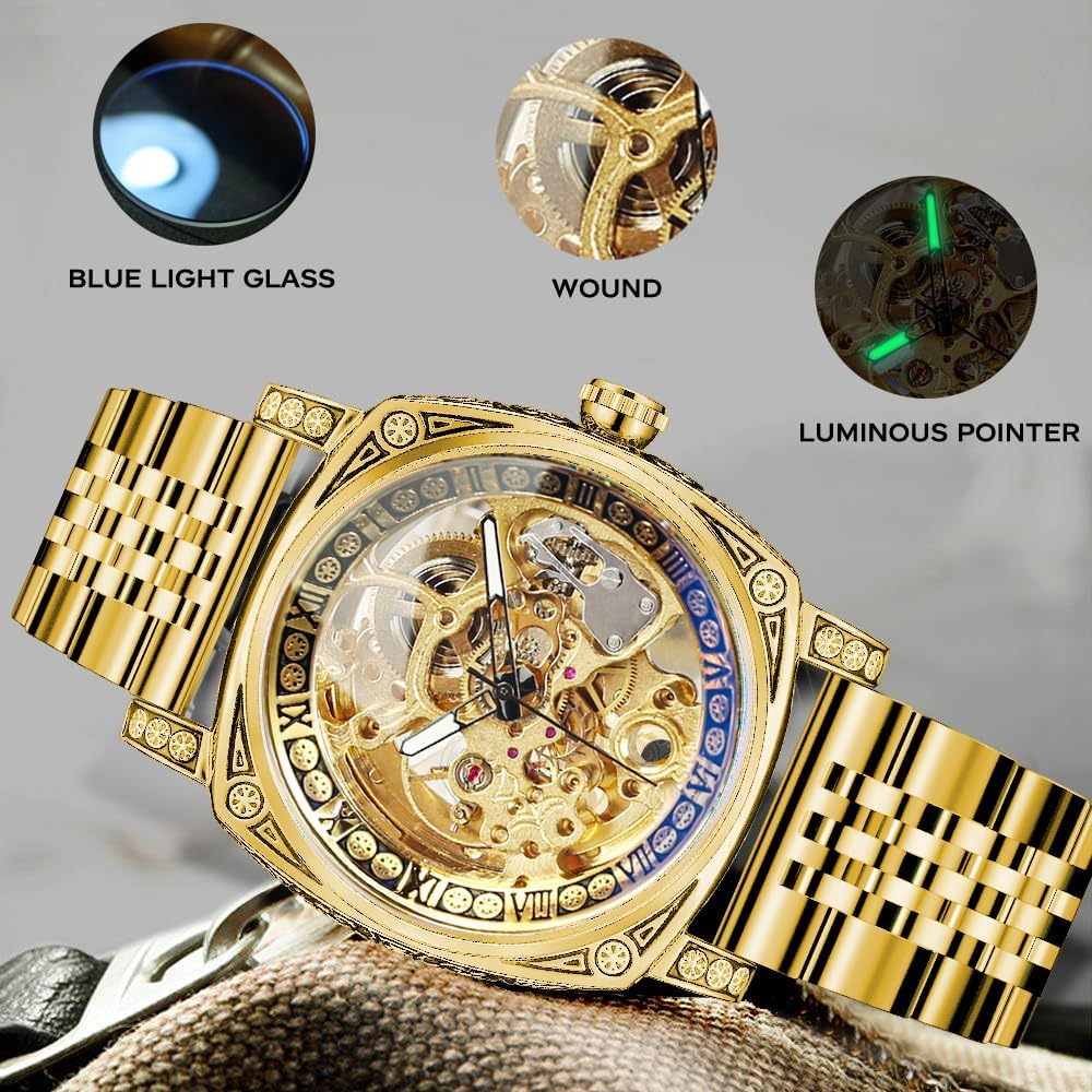 Watches for Man, Square Retro Mechanical Watch Self-Wind Carved, Skeleton Automatic Watches Vintage Leather Strap Wristwatch