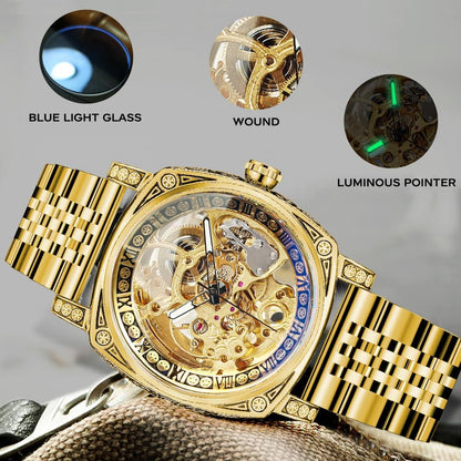 Watches for Man, Square Retro Mechanical Watch Self-Wind Carved, Skeleton Automatic Watches Vintage Leather Strap Wristwatch