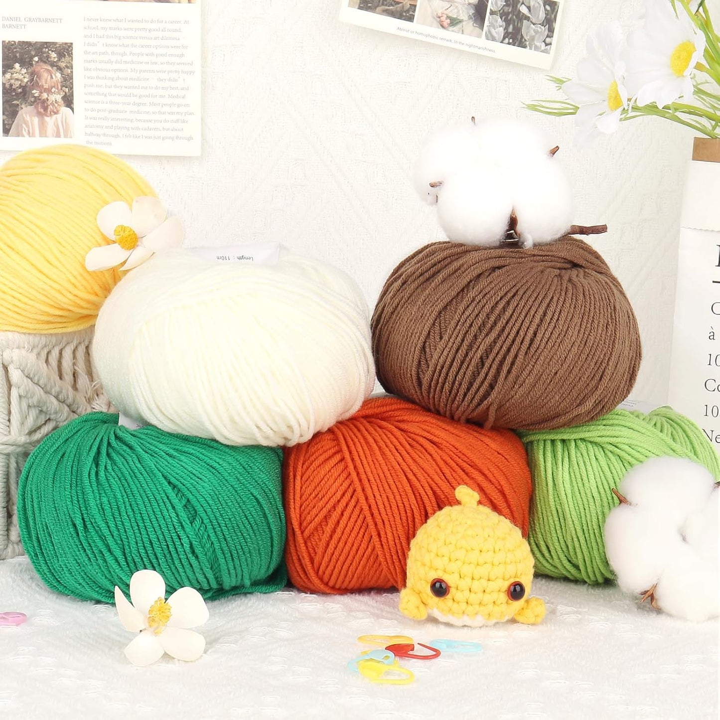 Cotton Acrylic Blend Yarn for Crocheting-Crochet Yarn Set (Yellow | 55% Cotton 45% Acrylic#3 DK (Light)-Super Soft Milk Cotton Yarn-Great Crochet and Knitting Starter Kit for Colorful Craft
