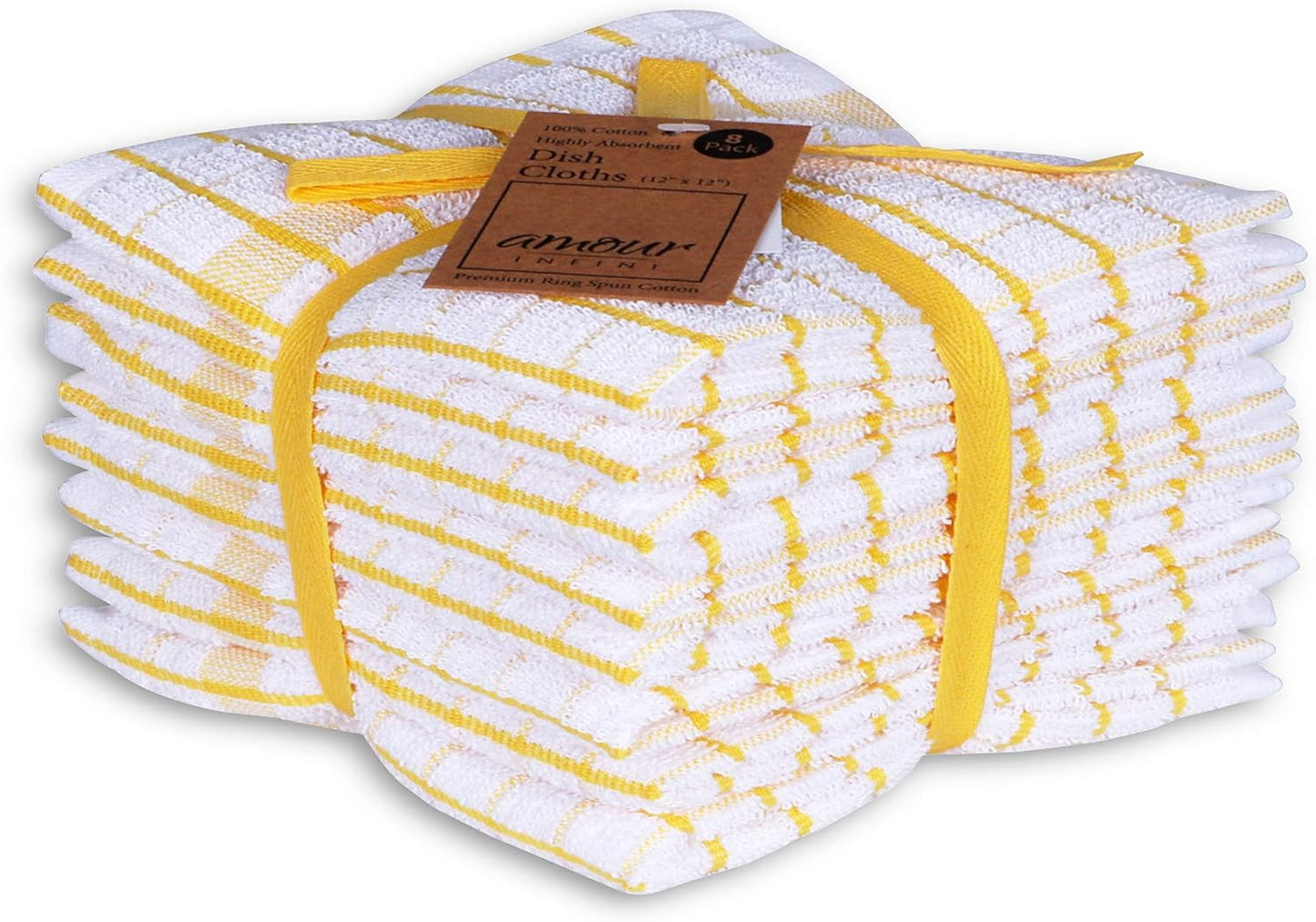 Kitchen Dish Cloths Set of 8 - Ultra Soft, Highly Absorbent, Quick-Drying Terry Cotton Dishcloths 12"x12" Inch Wash & Cleaning Cloths for Kitchen & Dishwashing (Yellow)