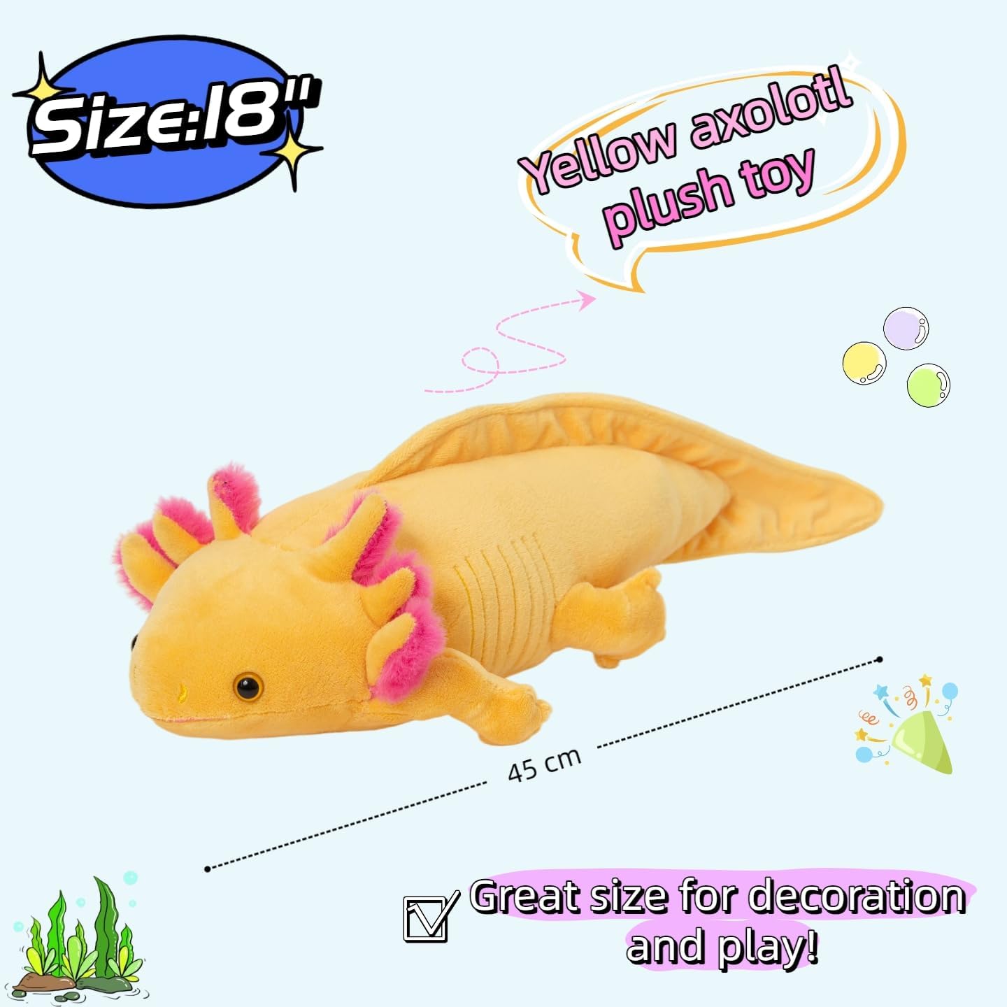 18'' Yellow Axolotl Plush Toy, Lifelike Salamander Stuffed Animal with Pink Gills, Soft Cuddly Plush for Kids, Friends, Birthday Children's Day Home Decor