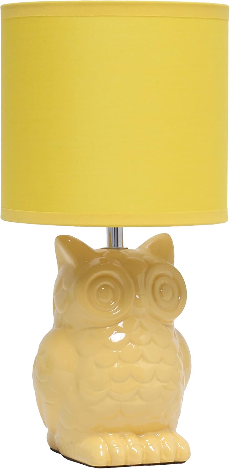 LT1136-DLN 12.8" Contemporary Ceramic Owl Bedside Table Desk Lamp w Matching Fabric Shade for Decor, Bedroom, Nightstand, Living Room, Entryway, Kids' Room, Nursery, Dandelion Yellow