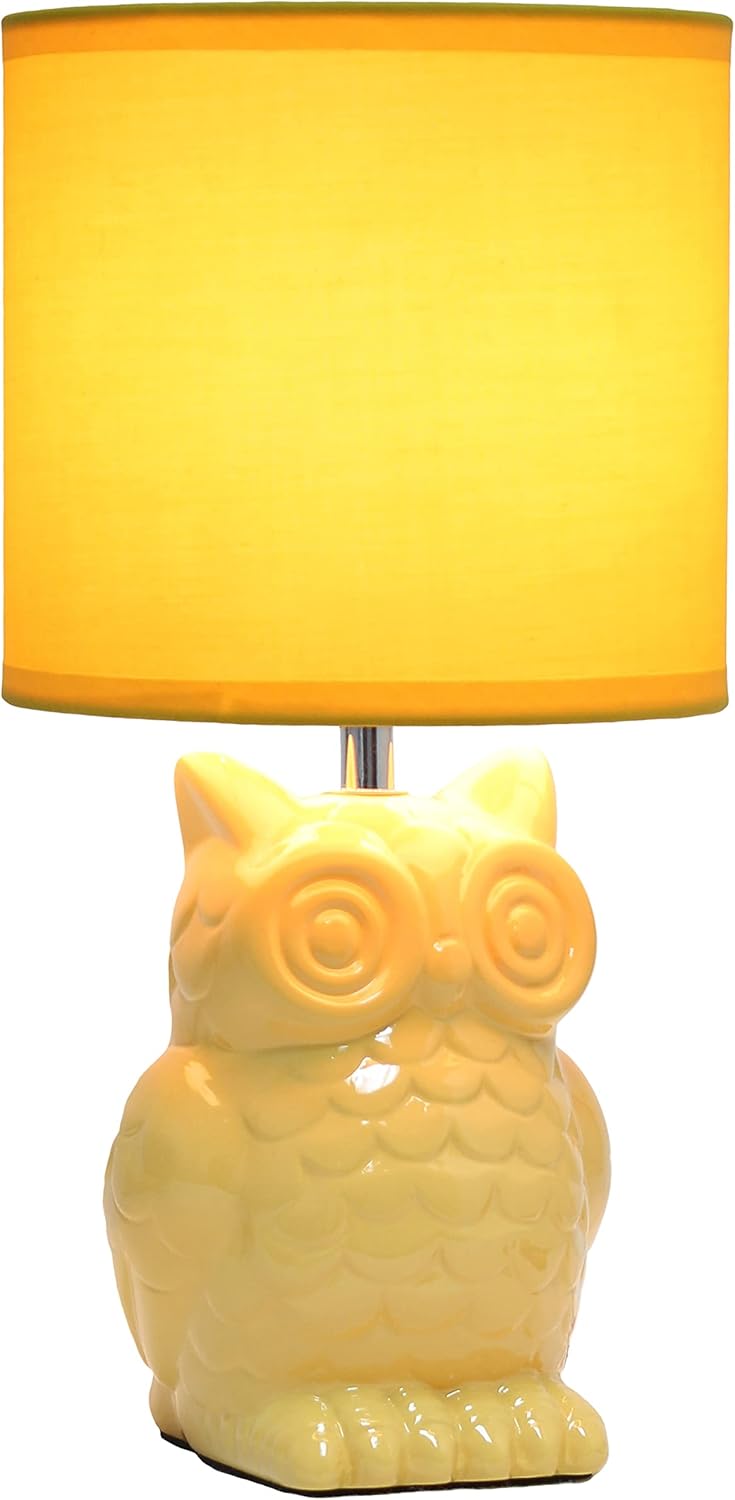 LT1136-DLN 12.8" Contemporary Ceramic Owl Bedside Table Desk Lamp w Matching Fabric Shade for Decor, Bedroom, Nightstand, Living Room, Entryway, Kids' Room, Nursery, Dandelion Yellow