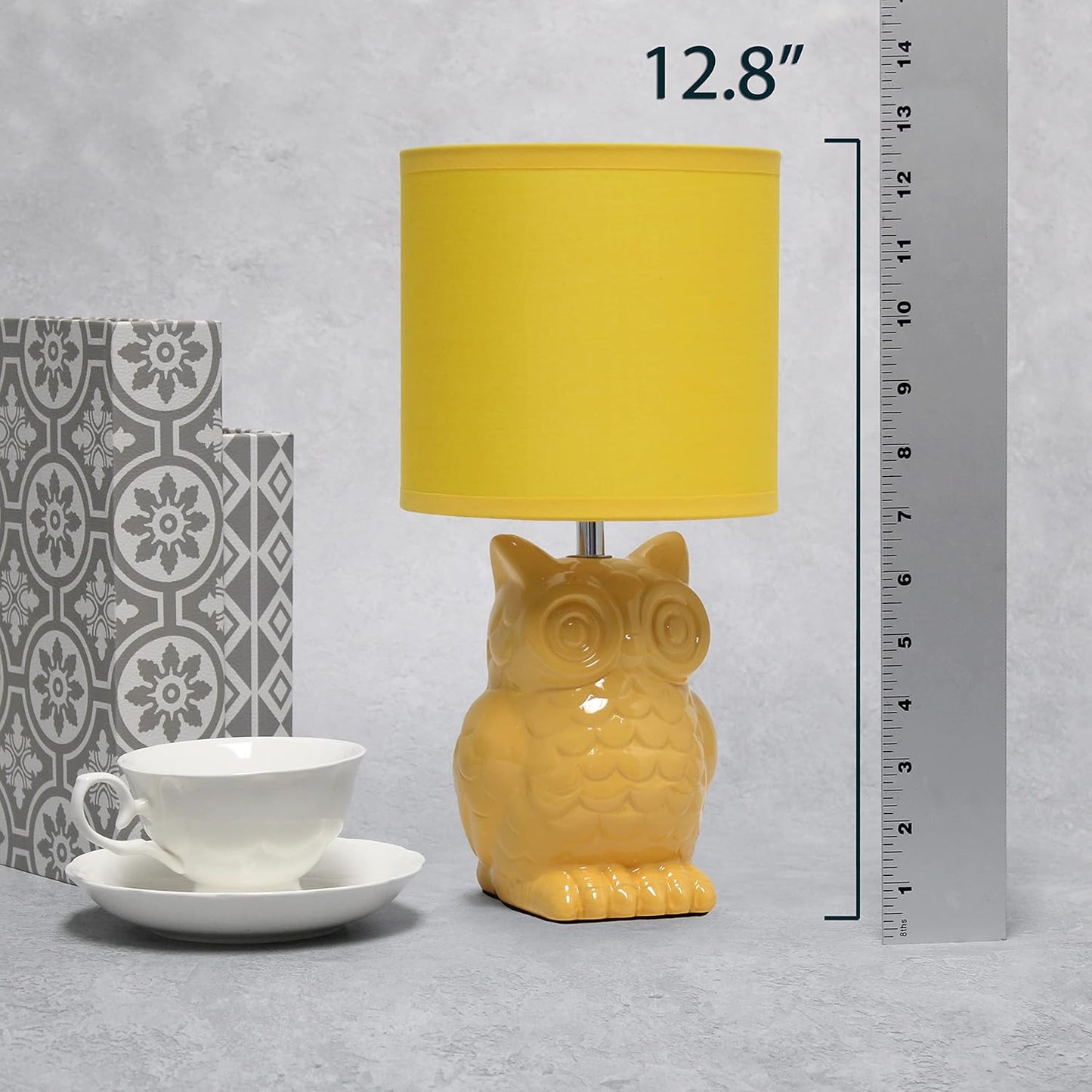 LT1136-DLN 12.8" Contemporary Ceramic Owl Bedside Table Desk Lamp w Matching Fabric Shade for Decor, Bedroom, Nightstand, Living Room, Entryway, Kids' Room, Nursery, Dandelion Yellow