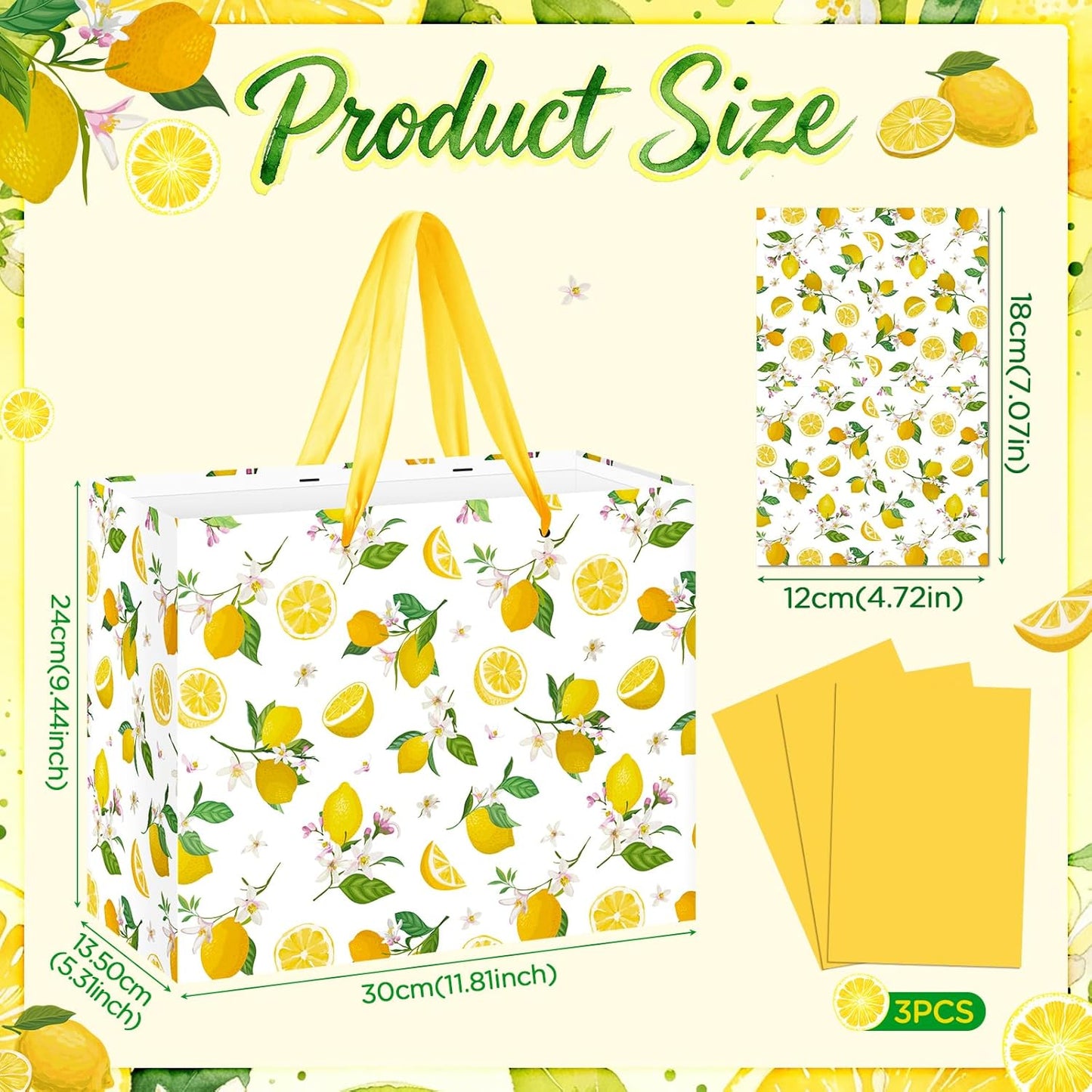 Lemon Gift Bag Yellow Lemon Floral Theme Party Wrapping with Tissue Paper and Card Decorations for Kids Adult Summer Fruit Birthday Baby Shower Lemonade Wedding Party Favors Gift Wrap Bag Supplies