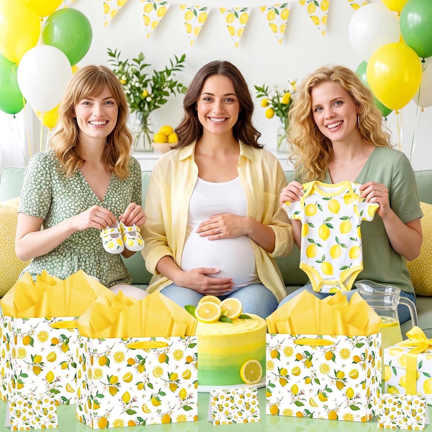 Lemon Gift Bag Yellow Lemon Floral Theme Party Wrapping with Tissue Paper and Card Decorations for Kids Adult Summer Fruit Birthday Baby Shower Lemonade Wedding Party Favors Gift Wrap Bag Supplies