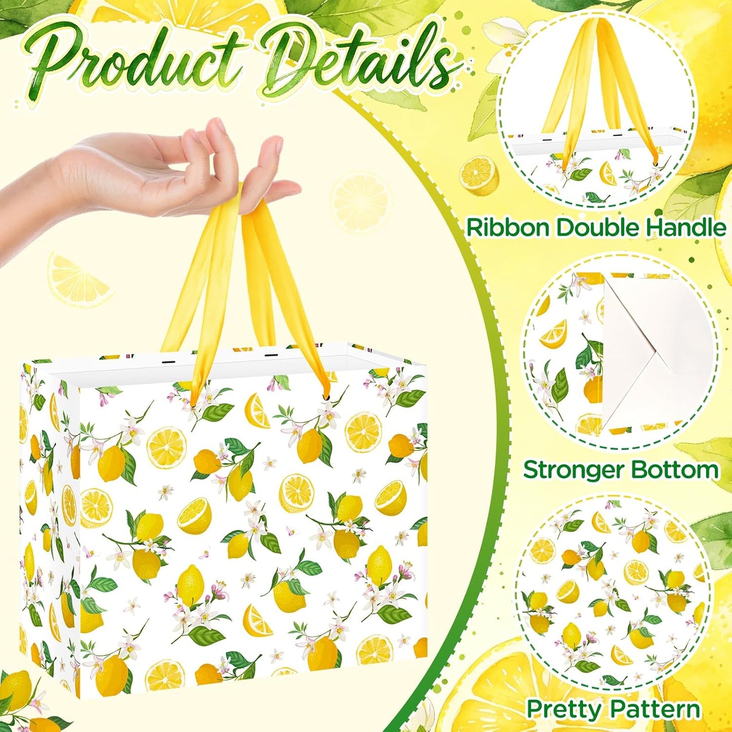Lemon Gift Bag Yellow Lemon Floral Theme Party Wrapping with Tissue Paper and Card Decorations for Kids Adult Summer Fruit Birthday Baby Shower Lemonade Wedding Party Favors Gift Wrap Bag Supplies