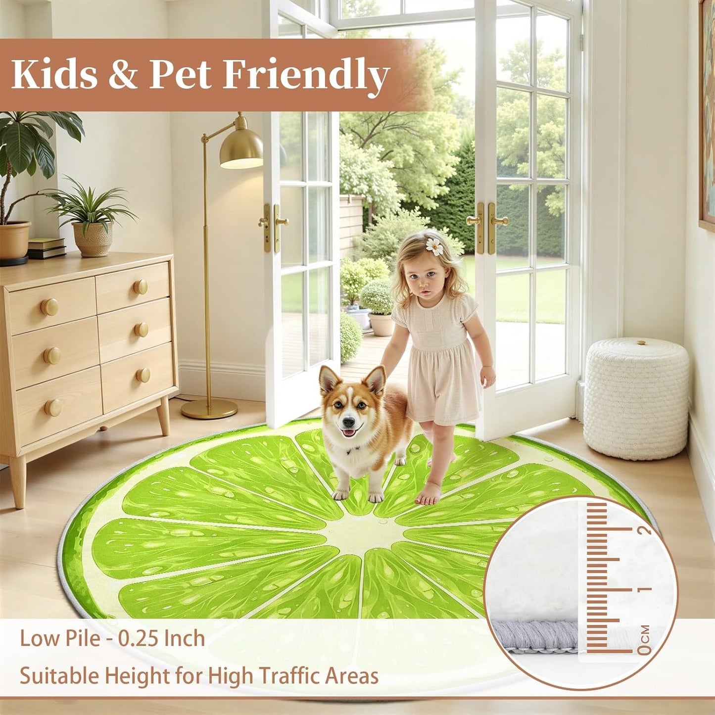 3ft Round Rug, Summer Fruit Circle Rugs for Bedroom, Green Lemon Area Rug Round, Fresh Lime Slice Circle Carpet for Living Room, Dining Room, Entryway, Washable Non-Slip Floor Rugs