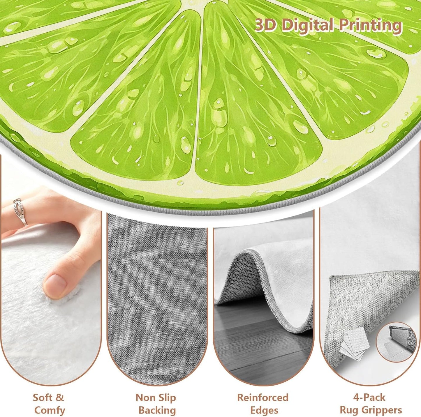 3ft Round Rug, Summer Fruit Circle Rugs for Bedroom, Green Lemon Area Rug Round, Fresh Lime Slice Circle Carpet for Living Room, Dining Room, Entryway, Washable Non-Slip Floor Rugs