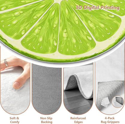 3ft Round Rug, Summer Fruit Circle Rugs for Bedroom, Green Lemon Area Rug Round, Fresh Lime Slice Circle Carpet for Living Room, Dining Room, Entryway, Washable Non-Slip Floor Rugs