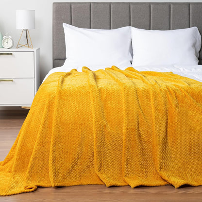PAVILIA Soft Fleece Yellow Throw Blanket for Couch, Lightweight Plush Warm Blankets for Bed, Fuzzy Cozy Flannel Blanket Throw for Sofa, Travel, Jacquard Pattern, Mustard Yellow, Twin, 60x80 inch