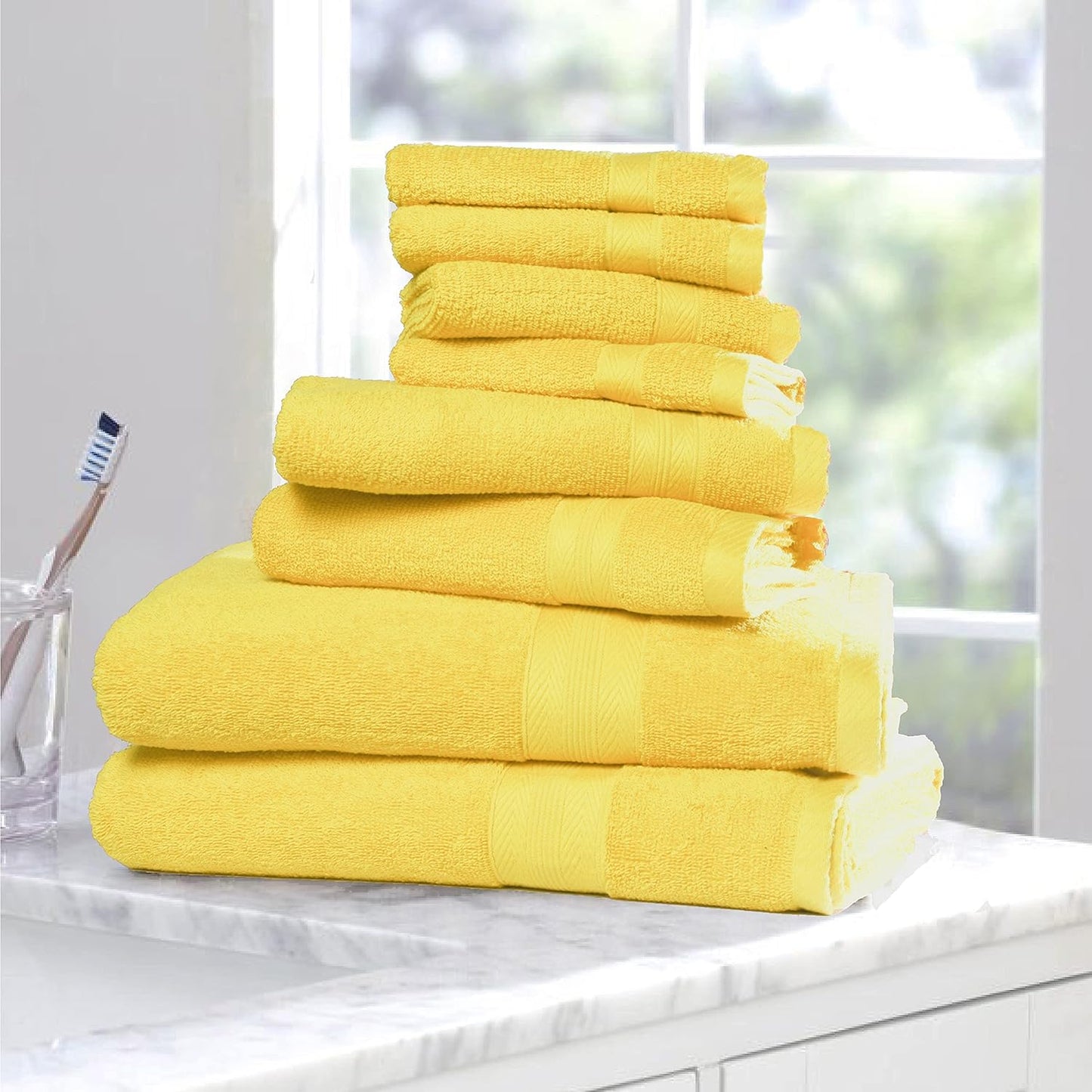 8 Piece Towel Set 100% Ring Spun Cotton, 2 Bath Towels 27X54, 2 Hand Towels 16X28 and 4 Washcloths 13X13 - Ultra Soft Highly Absorbent Machine Washable Hotel Spa Quality - Lime Yellow