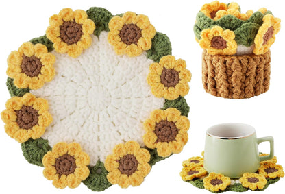 Flower Crochet Coasters, Handmade Bouquet Blanket Coaster with Crochet Plant Pot Fun Soft Decorative Drink Coasters for Coffee Tabletop Protection and Home Decor (Yellow, 1Pc)
