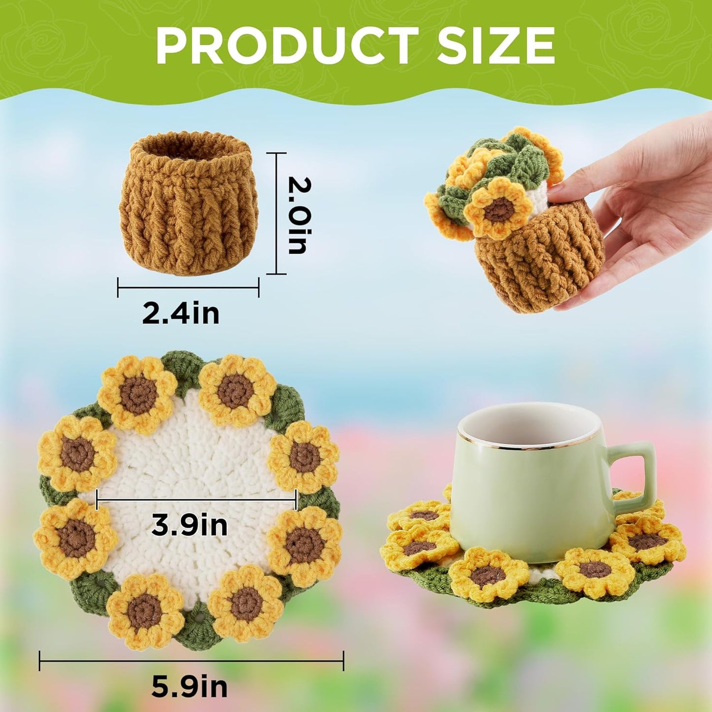 Flower Crochet Coasters, Handmade Bouquet Blanket Coaster with Crochet Plant Pot Fun Soft Decorative Drink Coasters for Coffee Tabletop Protection and Home Decor (Yellow, 1Pc)