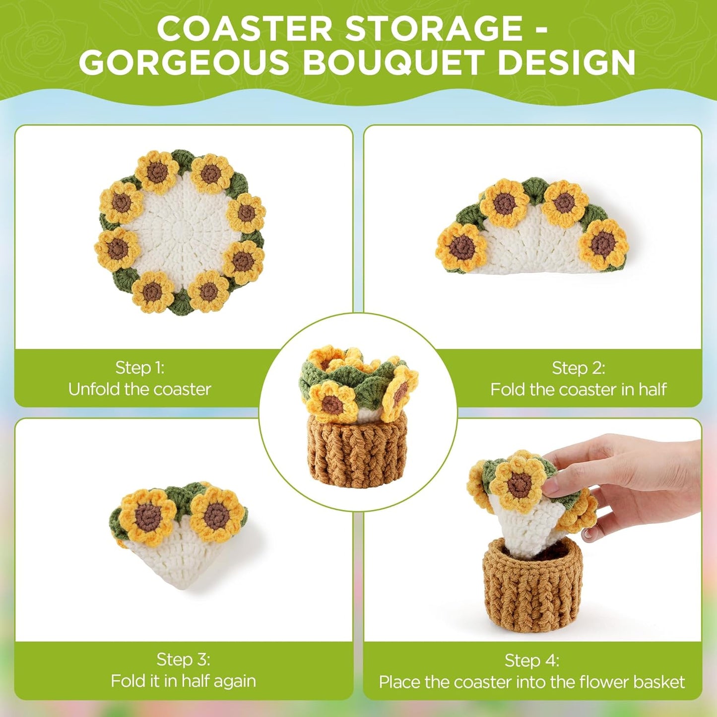 Flower Crochet Coasters, Handmade Bouquet Blanket Coaster with Crochet Plant Pot Fun Soft Decorative Drink Coasters for Coffee Tabletop Protection and Home Decor (Yellow, 1Pc)
