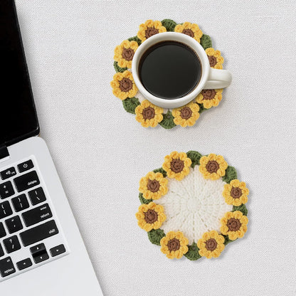 Flower Crochet Coasters, Handmade Bouquet Blanket Coaster with Crochet Plant Pot Fun Soft Decorative Drink Coasters for Coffee Tabletop Protection and Home Decor (Yellow, 1Pc)