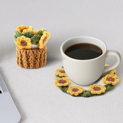 Flower Crochet Coasters, Handmade Bouquet Blanket Coaster with Crochet Plant Pot Fun Soft Decorative Drink Coasters for Coffee Tabletop Protection and Home Decor (Yellow, 1Pc)