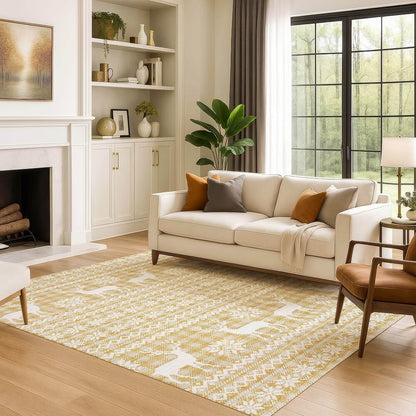 Holiday Festive Theme Soft Plush Thick Pile Christmas Area Rug 9' x 12' | Winter Cheer Xmas Playful Deer Snowflakes Plaid Patterns Gold Yellow White Color | Washable Nonslip Indoor Outdoor Rugs