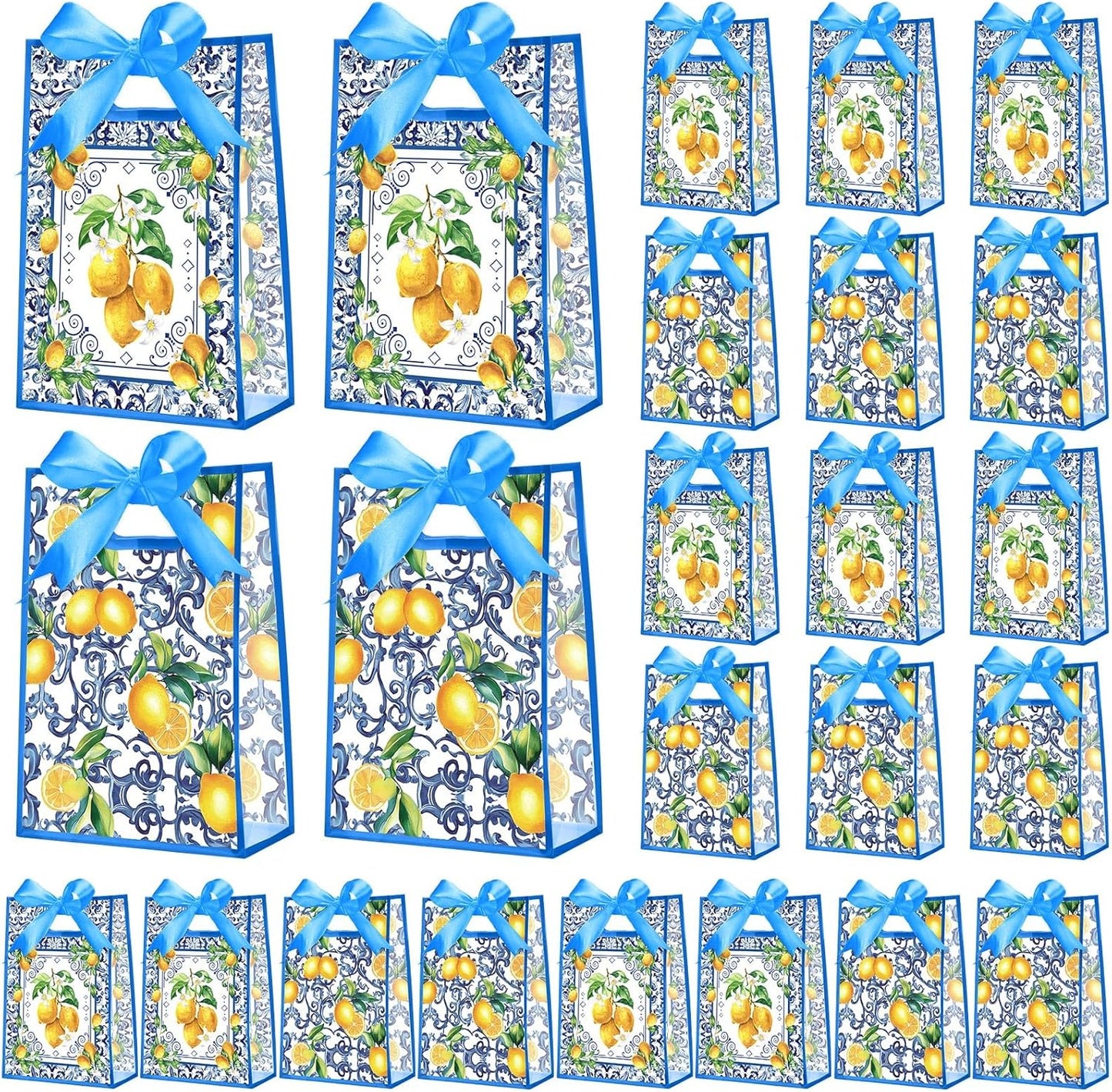 24 Pcs Capri Lemon Gift Bags for Party Favors Clear Reusable PVC Treat Goodie Bags with Handles and Ribbon for Baby Shower Birthday Wedding Supplies Decors, 7x10x3.15 Inch