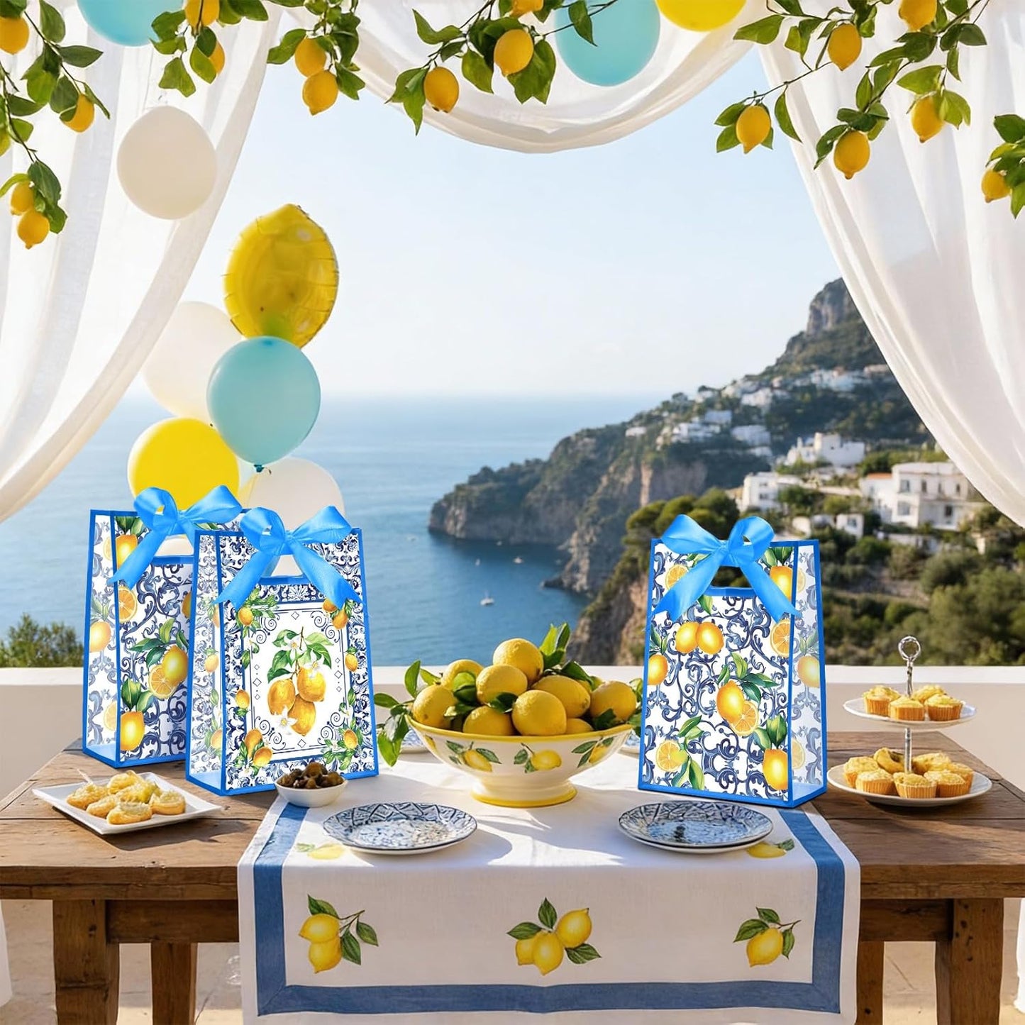 24 Pcs Capri Lemon Gift Bags for Party Favors Clear Reusable PVC Treat Goodie Bags with Handles and Ribbon for Baby Shower Birthday Wedding Supplies Decors, 7x10x3.15 Inch
