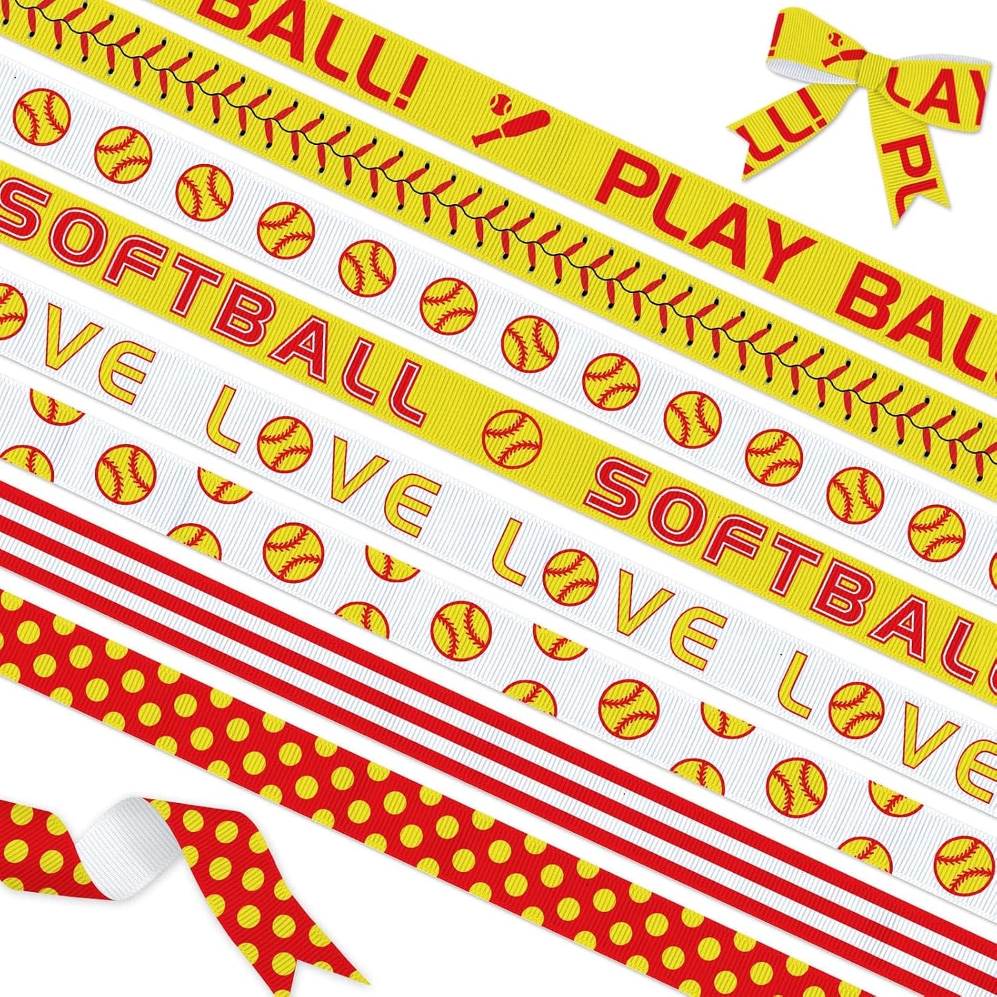 8 Rolls 24 Yards Softball Sports Ribbon, 3/8" Glitter Grosgrain Yellow Dotted Ribbons Love Softball Pattern Ribbons for Sports Party Supplies Present Wrapping Hair Bow Cheer Crafting