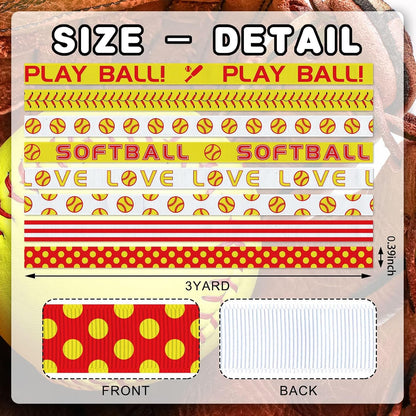 8 Rolls 24 Yards Softball Sports Ribbon, 3/8" Glitter Grosgrain Yellow Dotted Ribbons Love Softball Pattern Ribbons for Sports Party Supplies Present Wrapping Hair Bow Cheer Crafting
