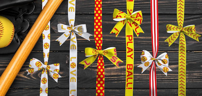8 Rolls 24 Yards Softball Sports Ribbon, 3/8" Glitter Grosgrain Yellow Dotted Ribbons Love Softball Pattern Ribbons for Sports Party Supplies Present Wrapping Hair Bow Cheer Crafting