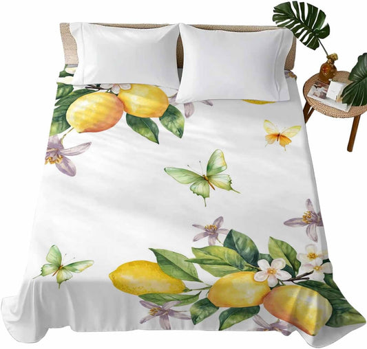 Twin Size Flat Sheet Only, Vintage Farm Lemon Flowers Bed Top Sheet Soft Microfiber Breathable Bedding Flat Sheets, Yellow Fruit Butterfly Floral Top Sheets Hotel Luxury