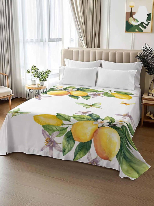 Twin Size Flat Sheet Only, Vintage Farm Lemon Flowers Bed Top Sheet Soft Microfiber Breathable Bedding Flat Sheets, Yellow Fruit Butterfly Floral Top Sheets Hotel Luxury