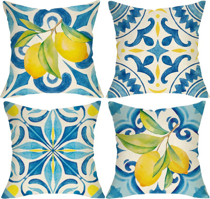 Blue Lemon Italy Tile Decorative Throw Pillow Covers 16 x 16 Set of 4, Amalfi Coast Italian Capri Citrus Fruit Porch Outdoor Home Decor, Summer Mediterranean Sofa Couch Cushion Case