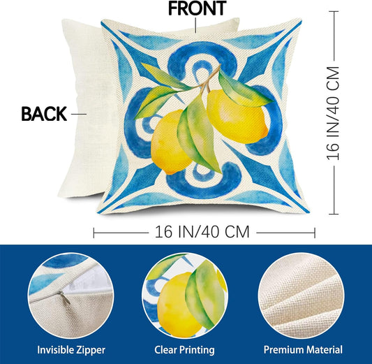 Blue Lemon Italy Tile Decorative Throw Pillow Covers 16 x 16 Set of 4, Amalfi Coast Italian Capri Citrus Fruit Porch Outdoor Home Decor, Summer Mediterranean Sofa Couch Cushion Case