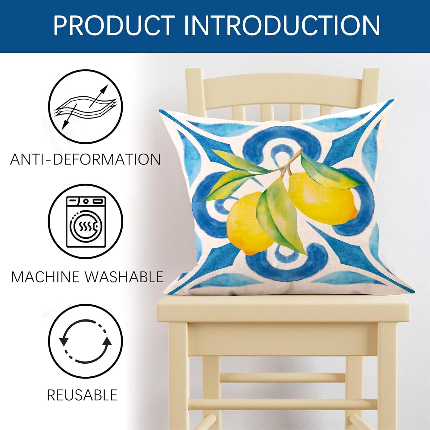 Blue Lemon Italy Tile Decorative Throw Pillow Covers 16 x 16 Set of 4, Amalfi Coast Italian Capri Citrus Fruit Porch Outdoor Home Decor, Summer Mediterranean Sofa Couch Cushion Case