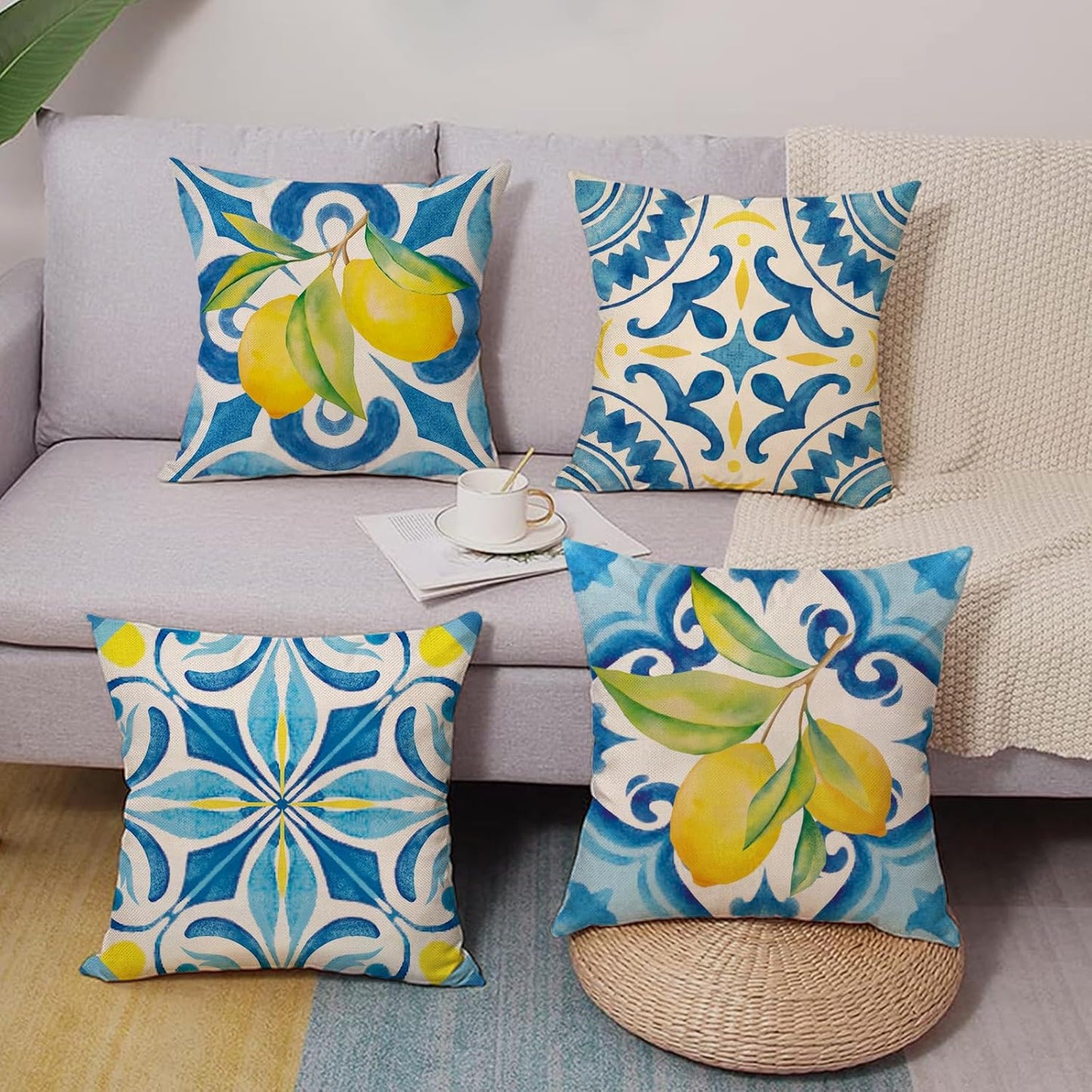 Blue Lemon Italy Tile Decorative Throw Pillow Covers 16 x 16 Set of 4, Amalfi Coast Italian Capri Citrus Fruit Porch Outdoor Home Decor, Summer Mediterranean Sofa Couch Cushion Case